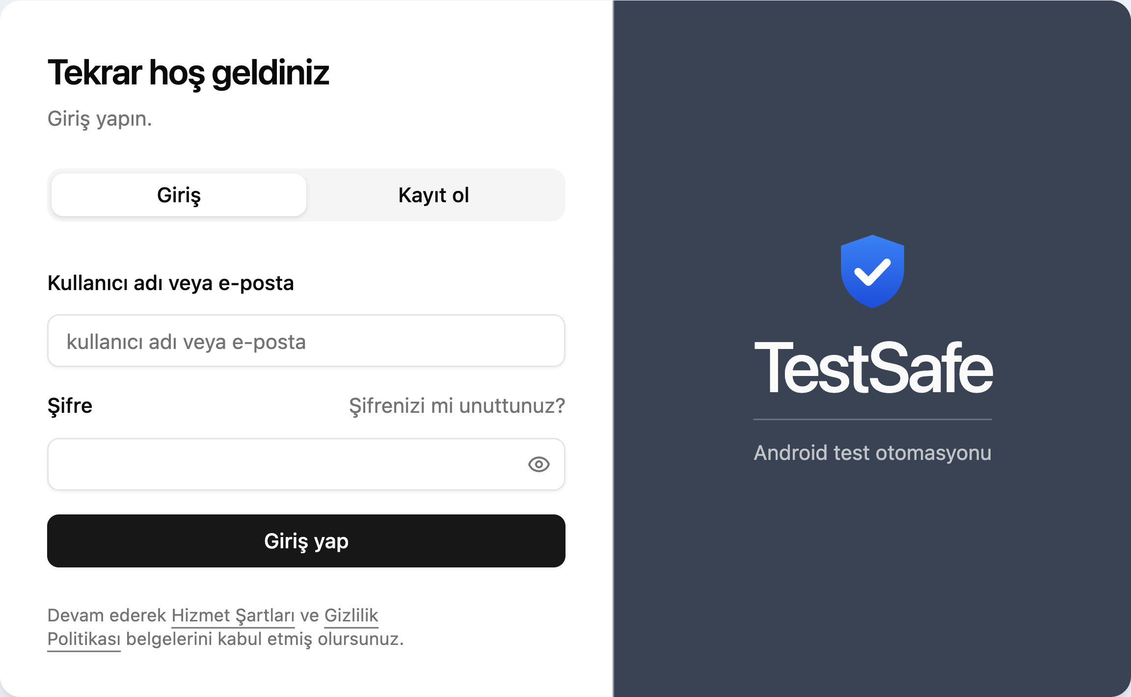 TestSafe giriş ve kayıt ekranı