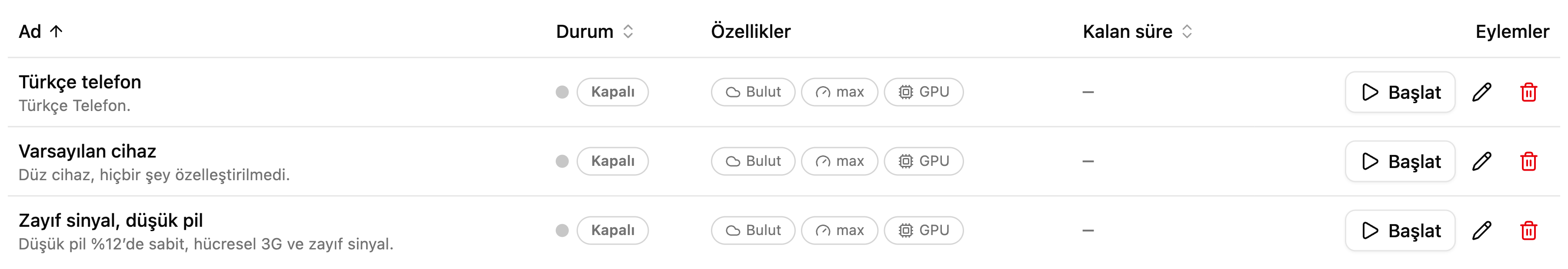 Ortamlar listesi: Türkçe telefon, varsayılan cihaz, zayıf sinyal ve düşük pil