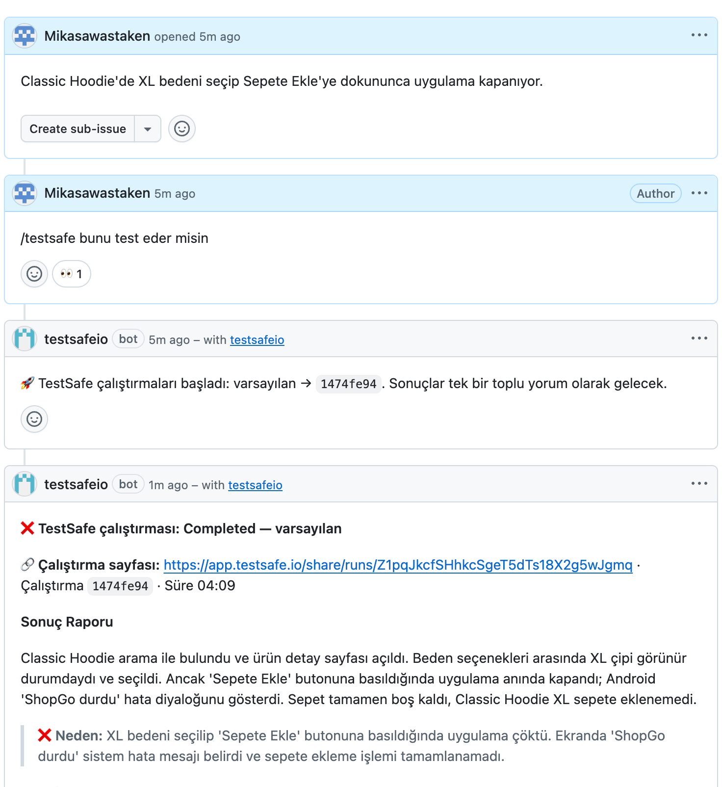 GitHub'daki bir sorunda TestSafe botunun bıraktığı rapor