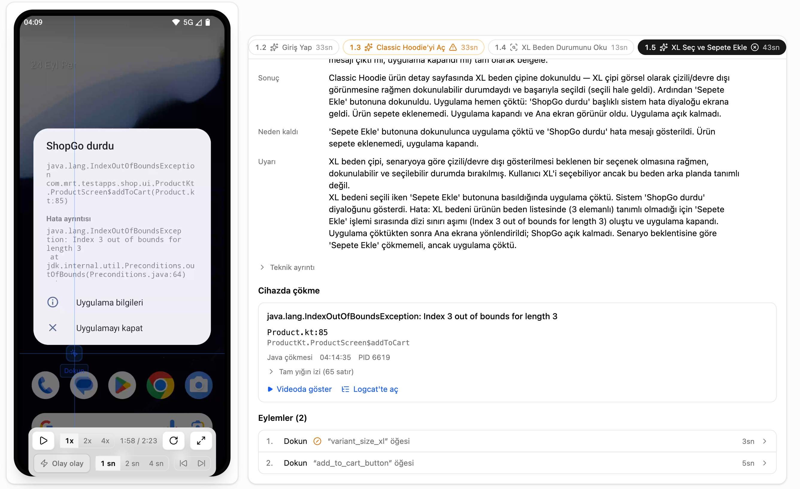 Solda telefonda ShopGo sürekli olarak duruyor uyarısı. Sağda çökme kartı: java.lang.IndexOutOfBoundsException, Product.kt satır 85, Videoda göster ve Logcat'te aç.