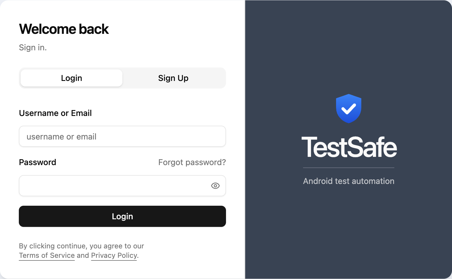 TestSafe sign in and sign up screen