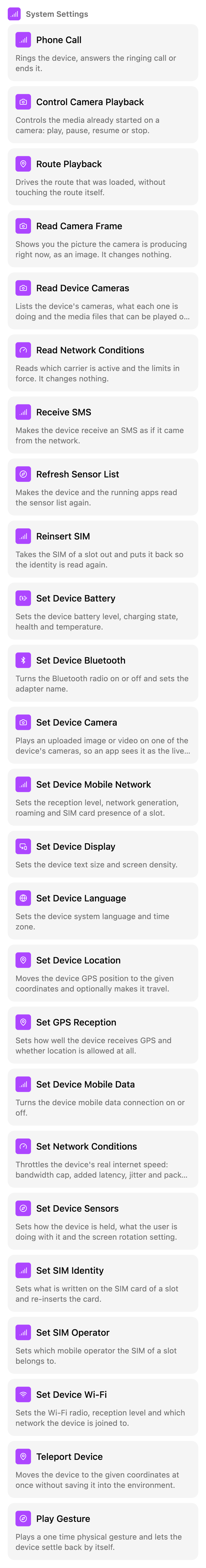The Manual nodes list on the TestSafe scenario canvas, group: Device conditions