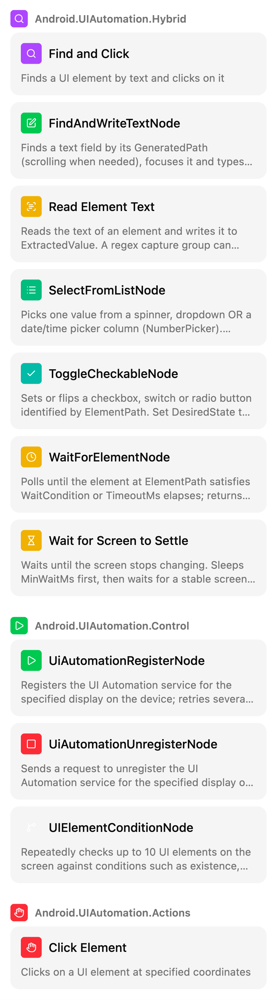 The Manual nodes list on the TestSafe scenario canvas, group: UI automation