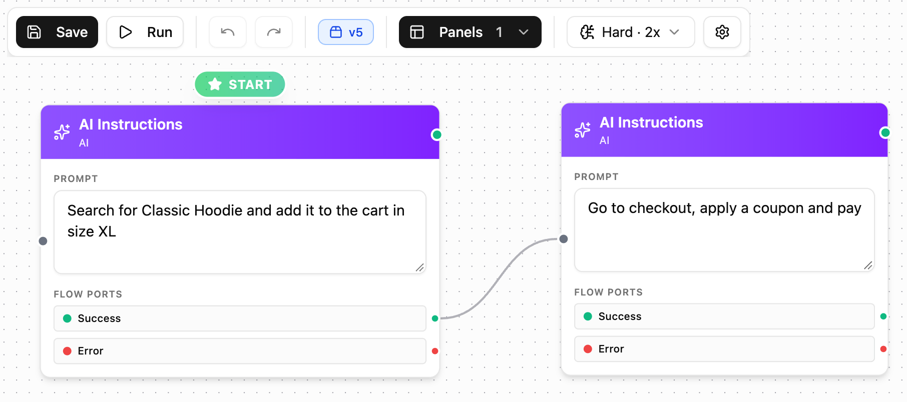 Two connected instruction cards in TestSafe. The first says search for Classic Hoodie and add it to the cart in size XL. The second says go to checkout, apply a coupon and pay.