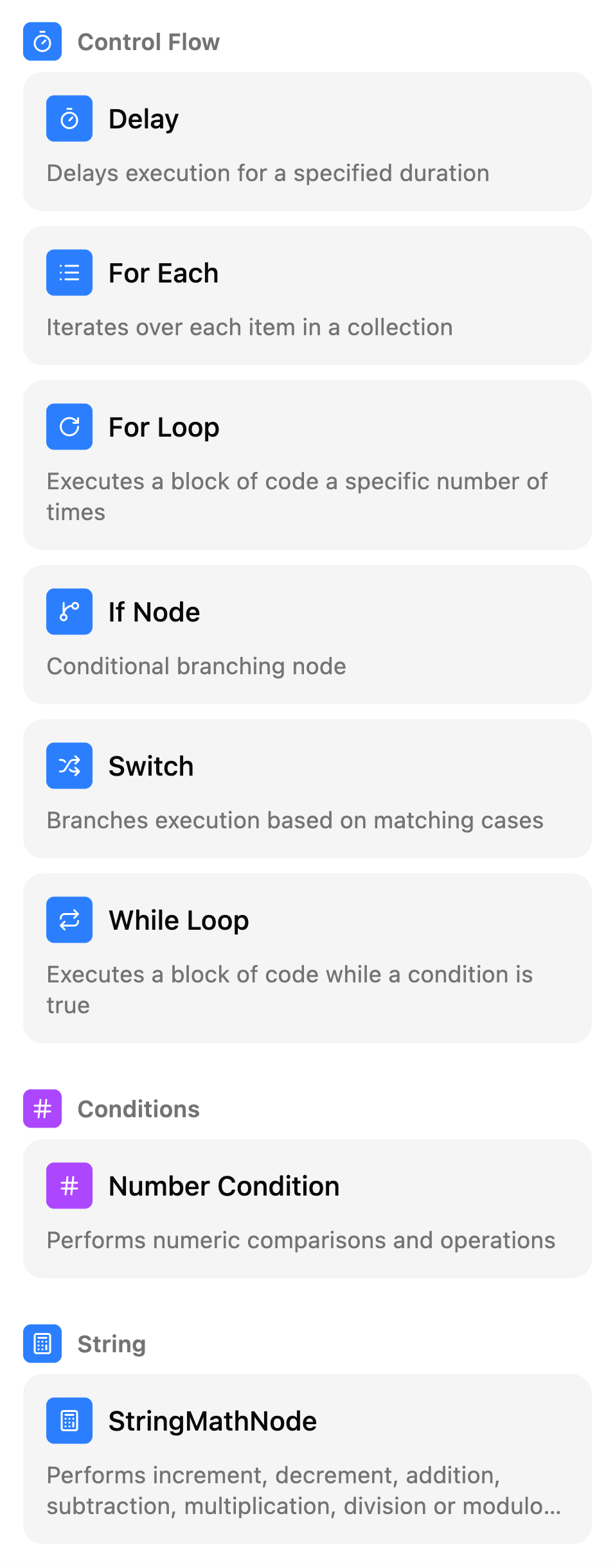 The Manual nodes list on the TestSafe scenario canvas, group: Control flow