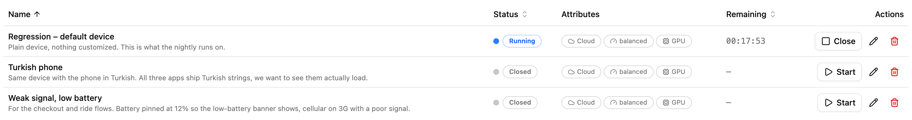 Environments list: Turkish phone, default device, weak signal and low battery