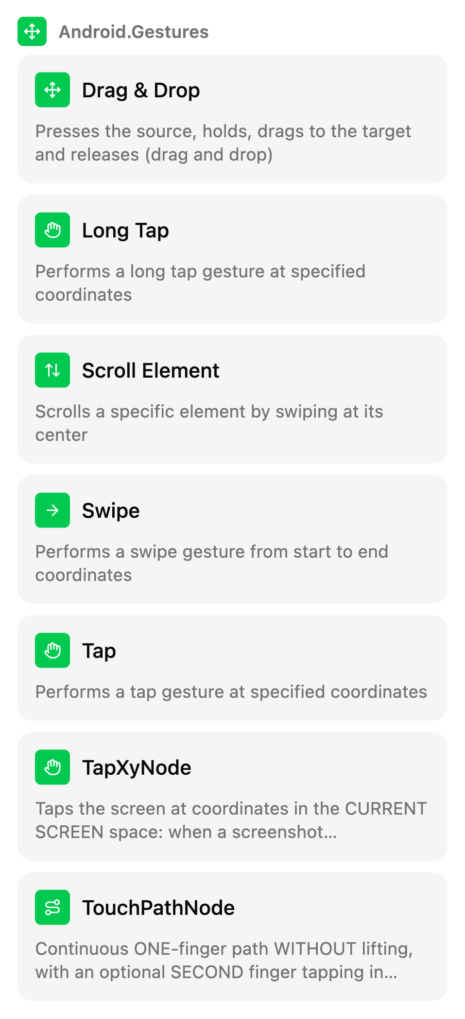 The Manual nodes list on the TestSafe scenario canvas, group: Gestures