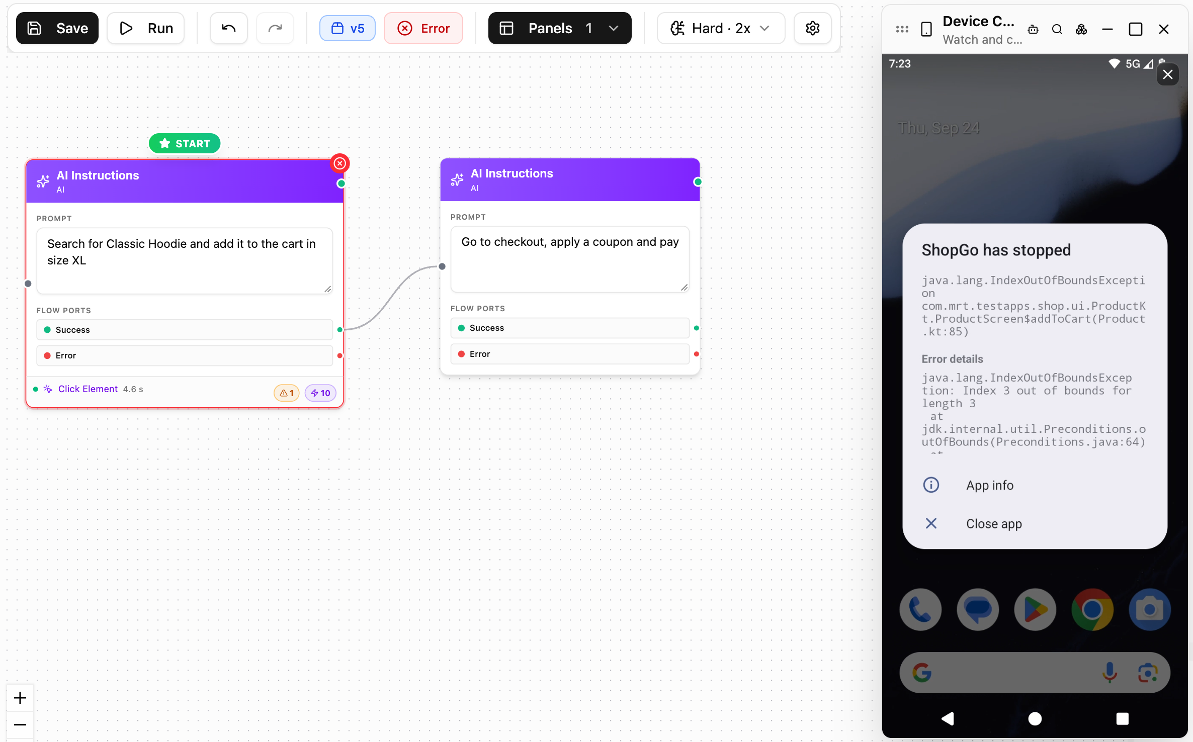 The scenario running, with the ShopGo has stopped dialog on the phone