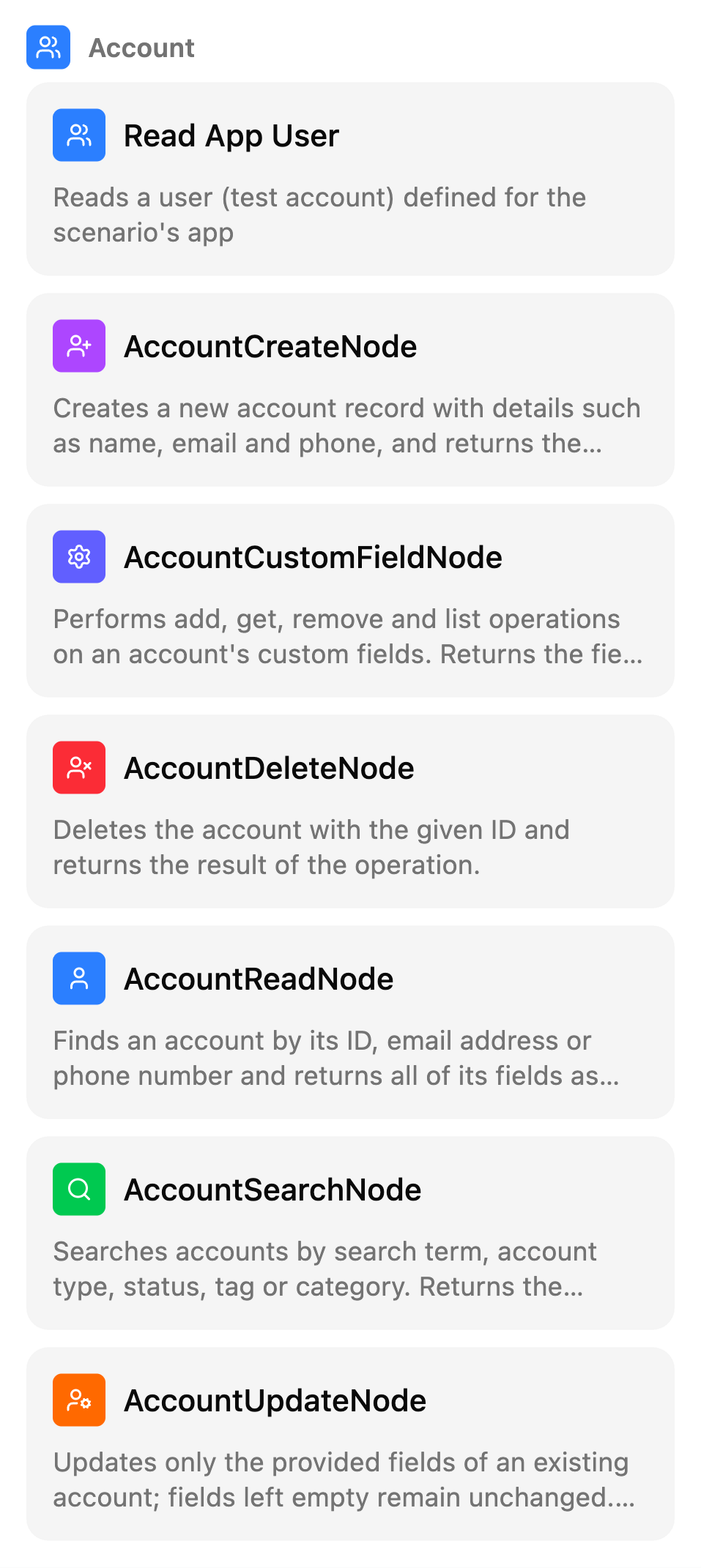 The Manual nodes list on the TestSafe scenario canvas, group: Test accounts