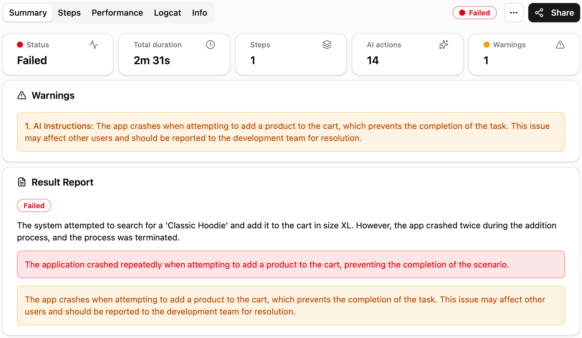Test report: failed, the app crashed when Add to cart was tapped
