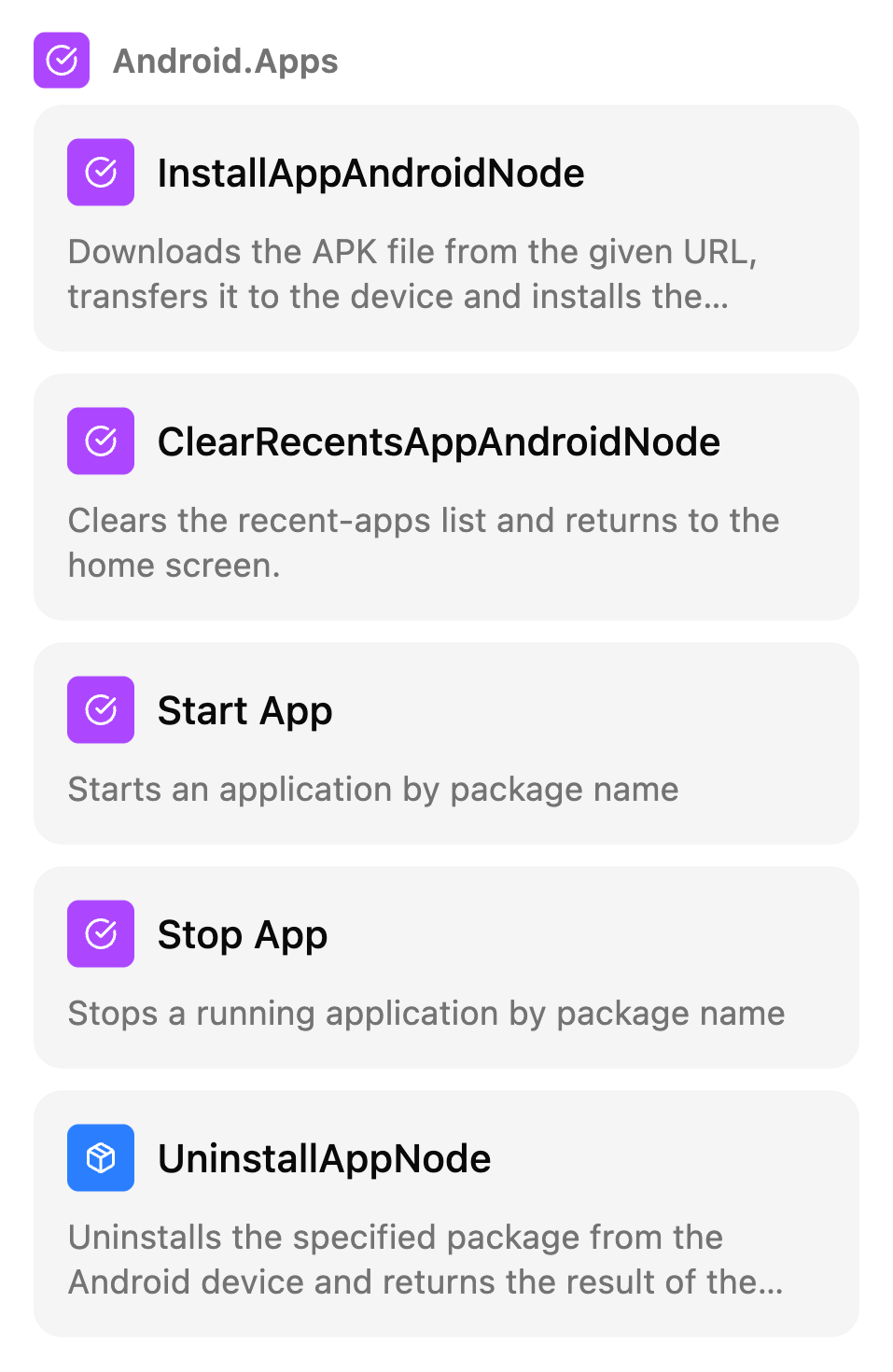 The Manual nodes list on the TestSafe scenario canvas, group: Install and launch