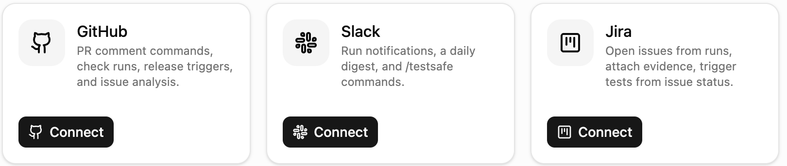 Integrations screen: GitHub, Slack and Jira
