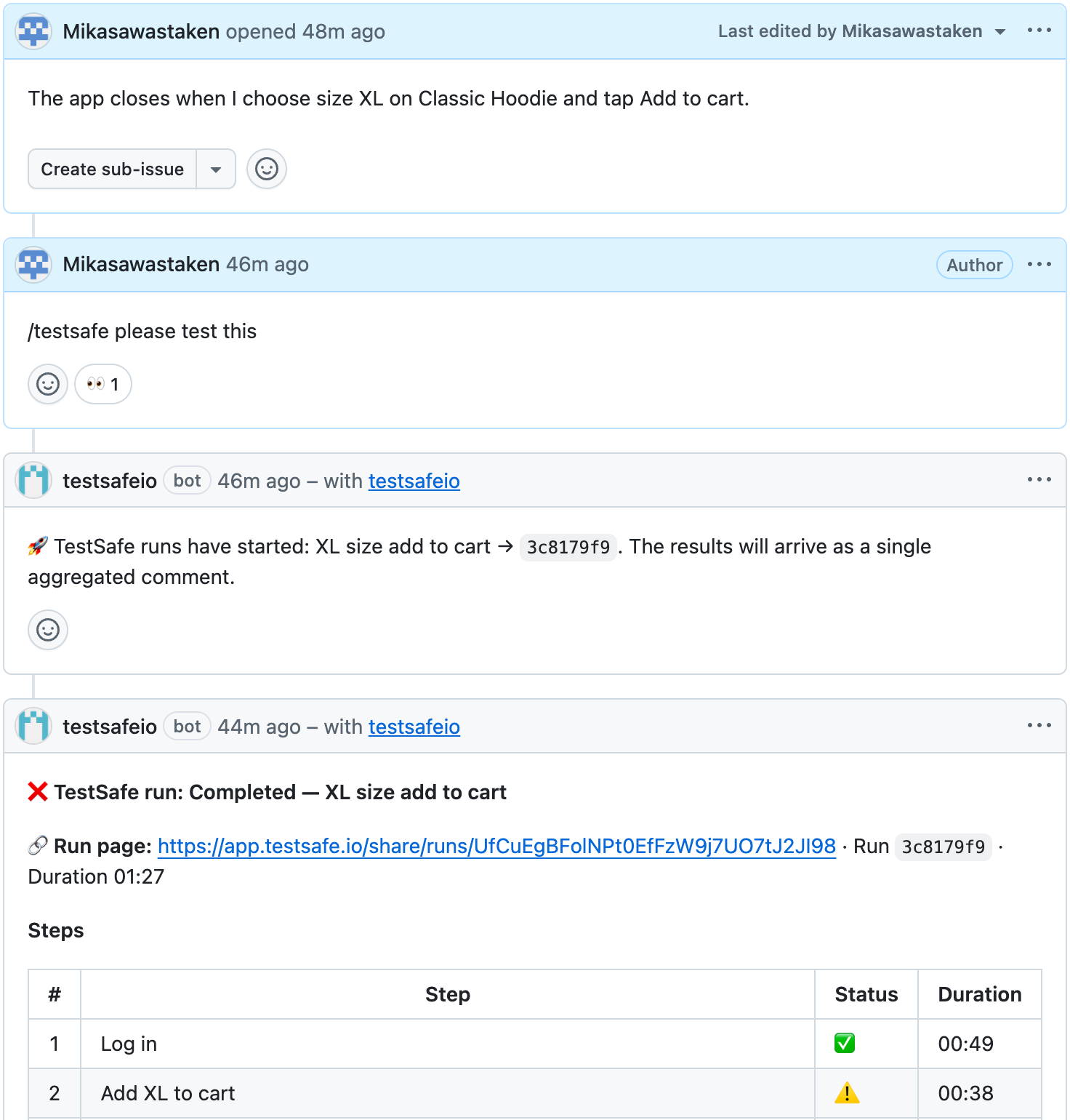The report TestSafe's bot leaves on a GitHub issue