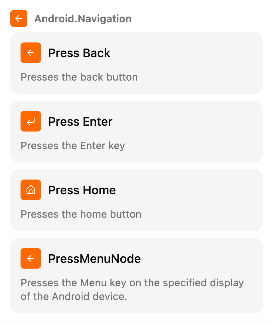 The Manual nodes list on the TestSafe scenario canvas, group: Navigation