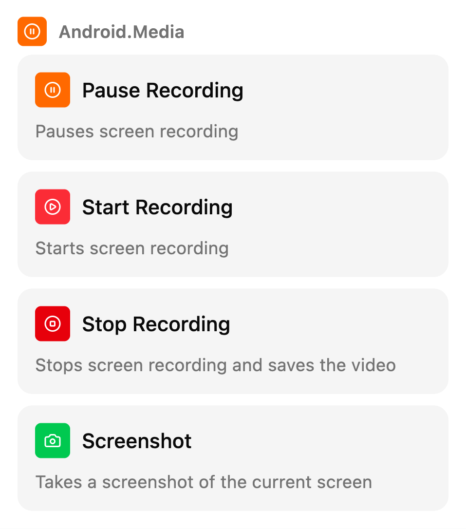 The Manual nodes list on the TestSafe scenario canvas, group: Recording and screenshots