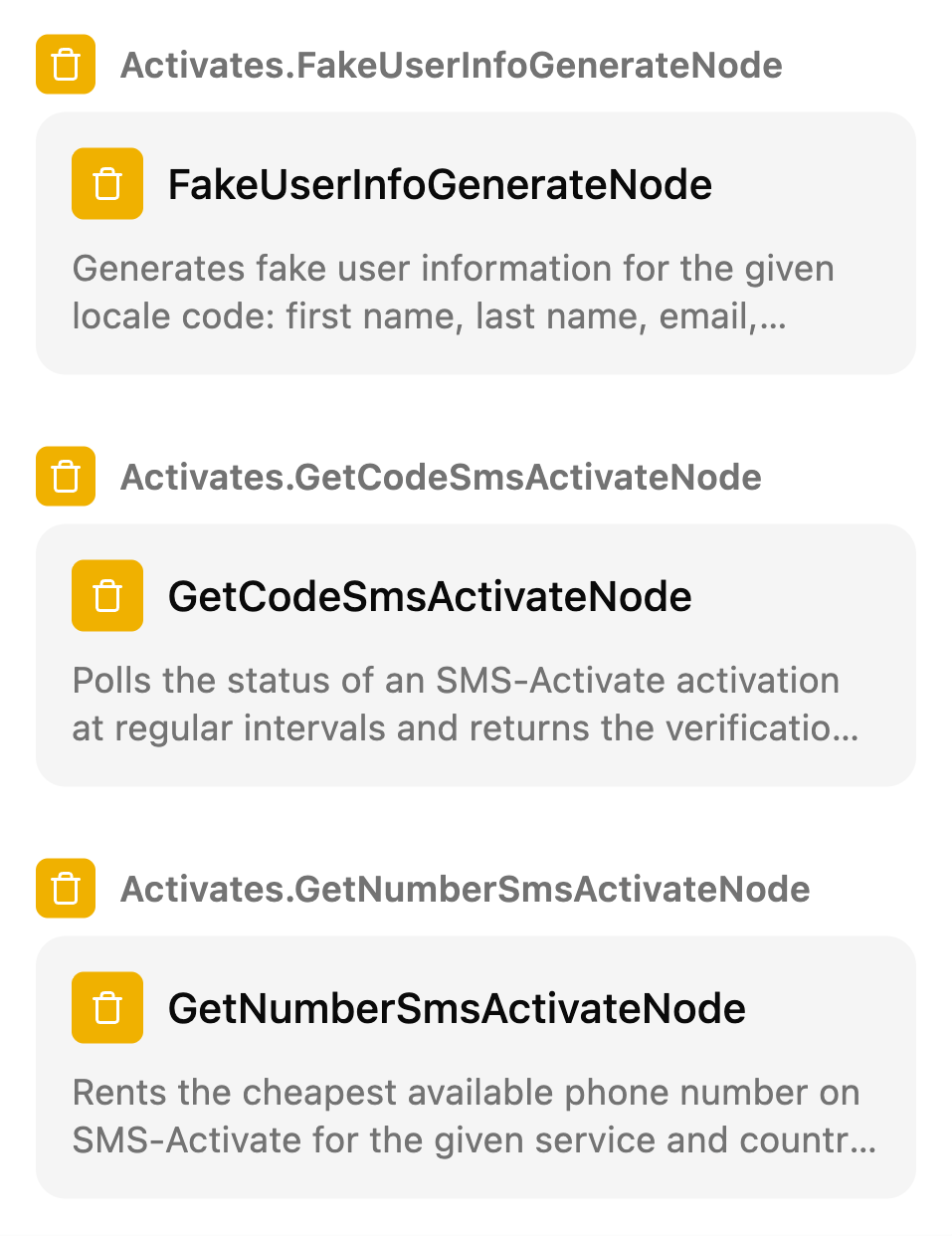 The Manual nodes list on the TestSafe scenario canvas, group: Test user and SMS code