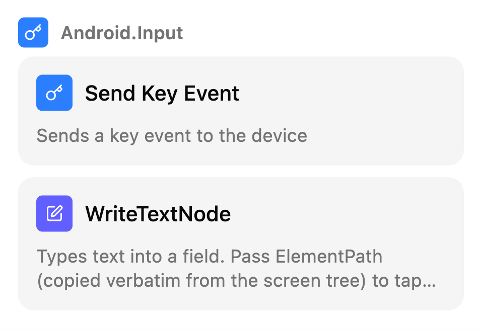 The Manual nodes list on the TestSafe scenario canvas, group: Keyboard