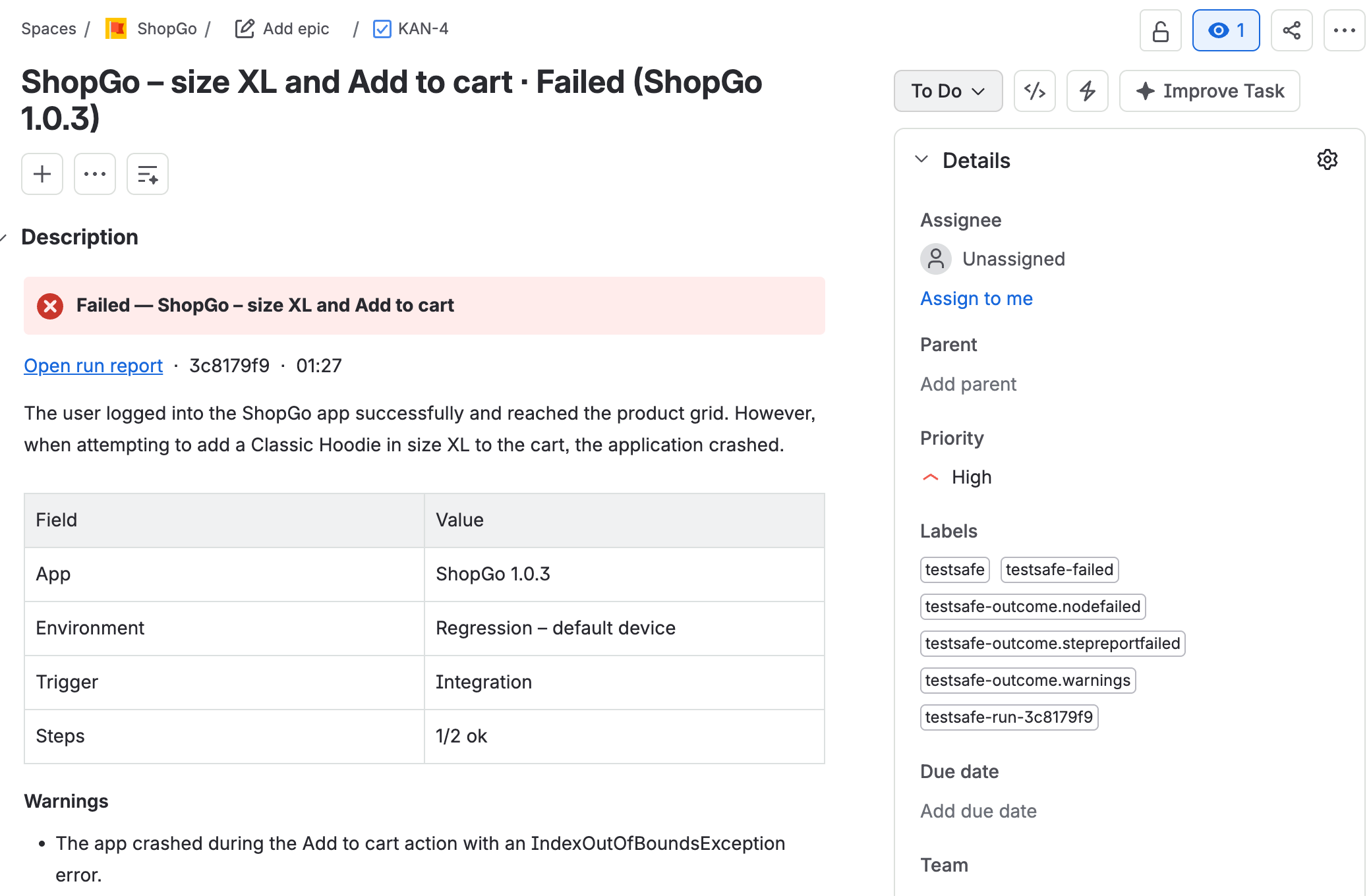 A Jira issue opened by TestSafe. The title says the ShopGo test failed, with a link to the run report, a summary, the app, environment and trigger, priority High and testsafe labels.