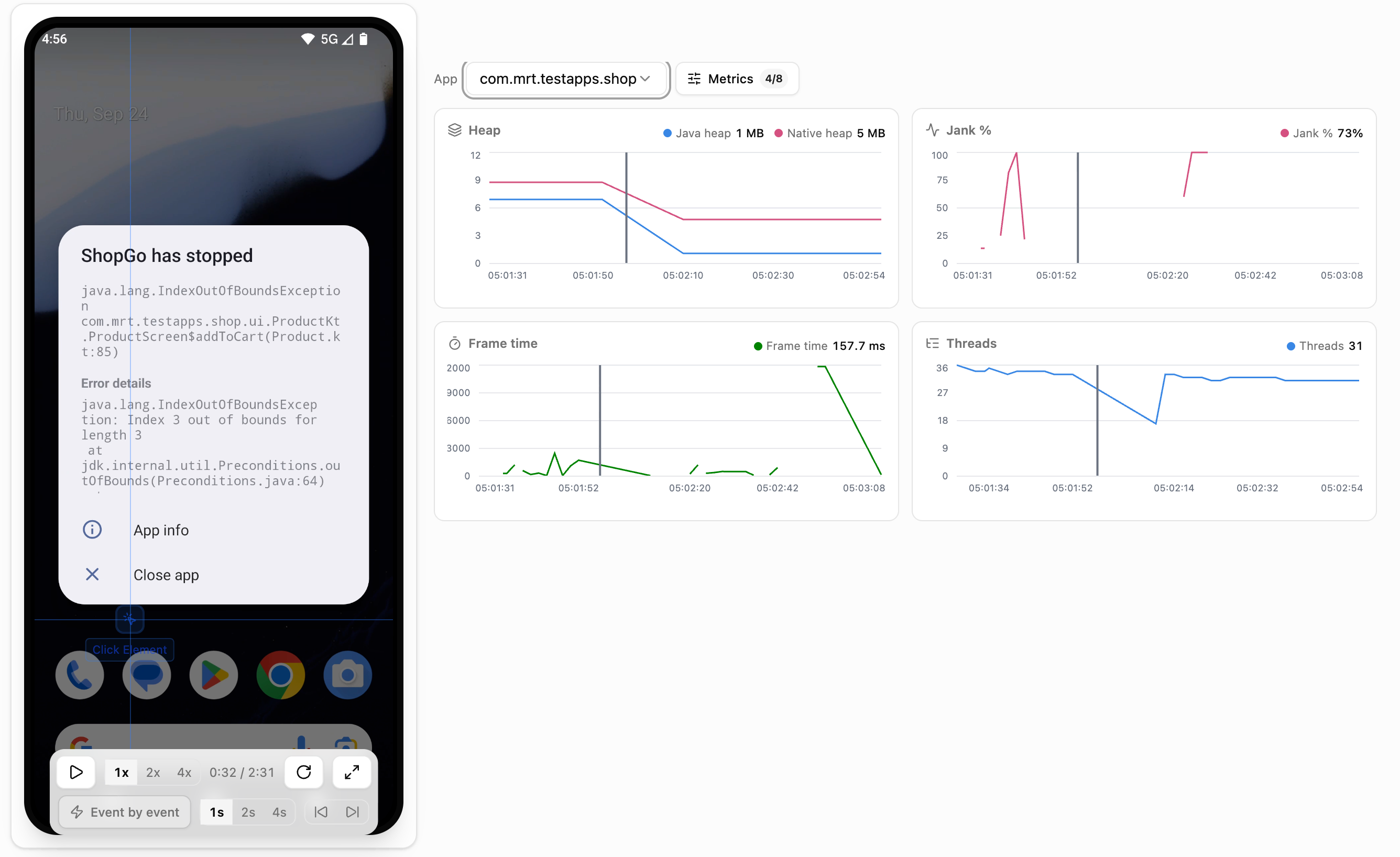 On the left the phone at the moment of the crash. On the right the Performance tab, with CPU, frame rate, memory and network drawn across the test.