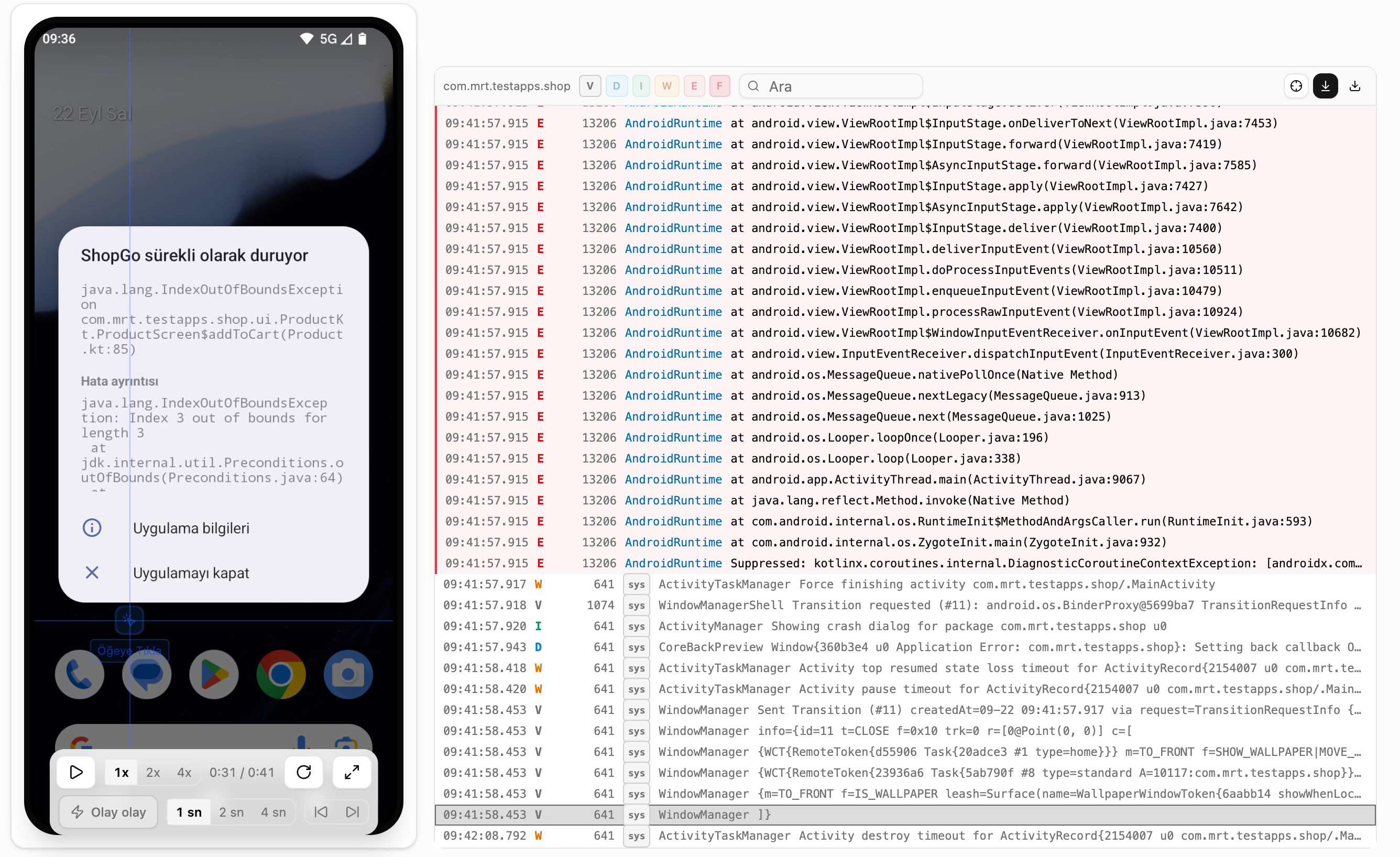 Sadece hataları gösteren Logcat sekmesi. Çökme FATAL EXCEPTION ile başlıyor ve Product.kt dosyasının 85. satırını gösteriyor.