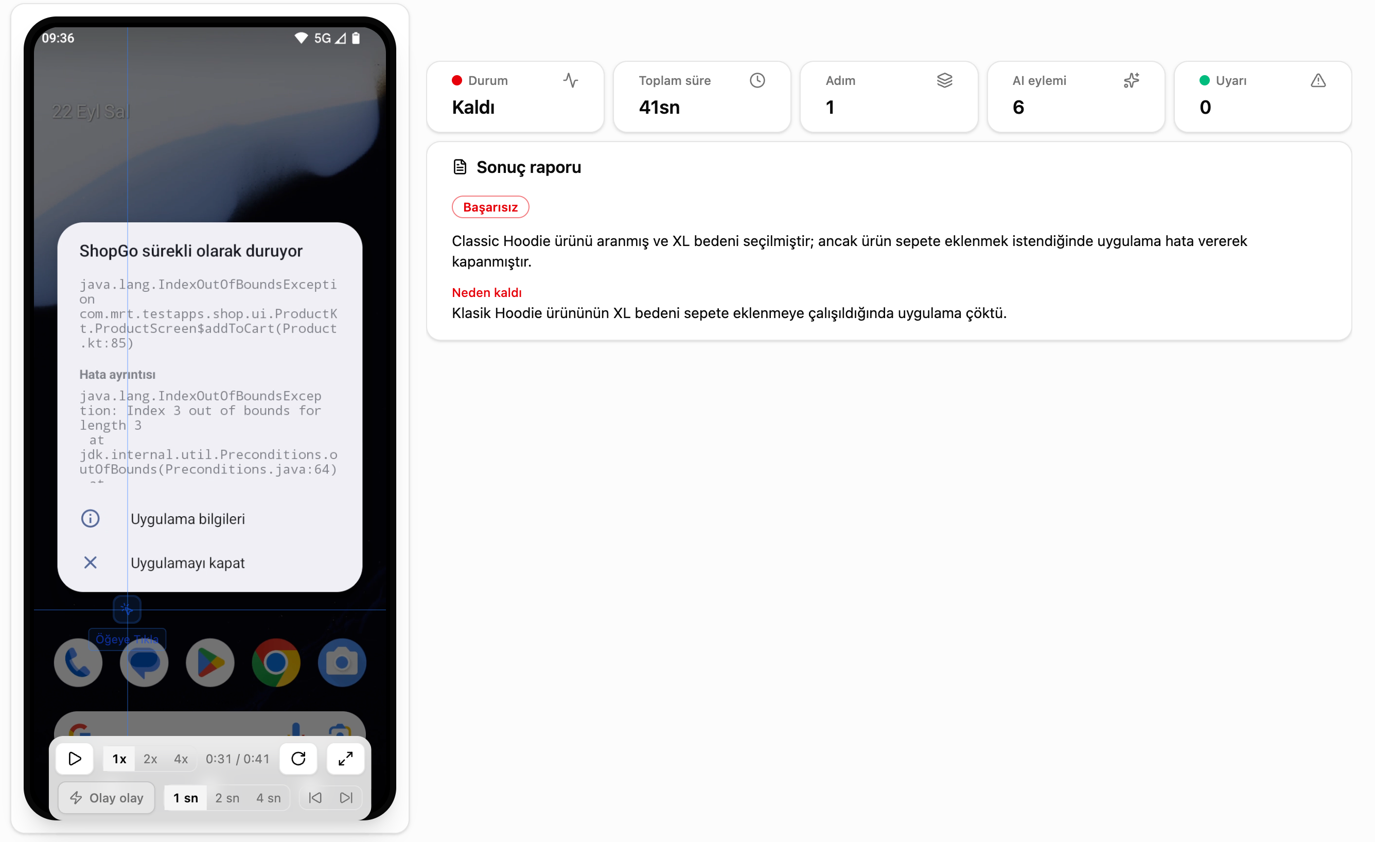 TestSafe raporunun Özet sekmesi. Solda testin videosu, telefonda ShopGo sürekli olarak duruyor uyarısı. Sağda testin kaldığı, 41 saniye sürdüğü ve uygulamanın XL beden sepete eklenirken çöktüğü yazıyor.