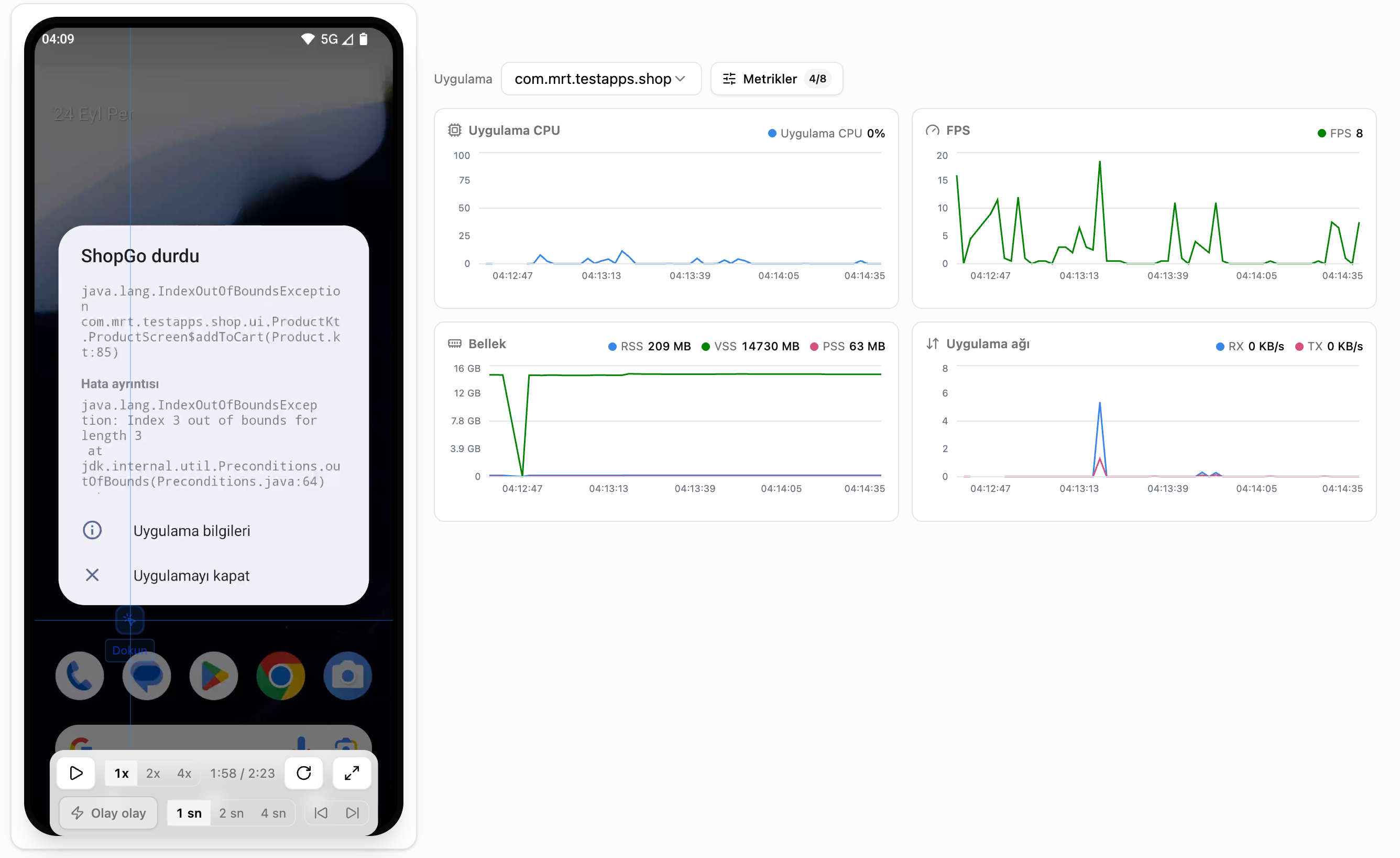 Solda çökme anında telefon. Sağda Performans sekmesi, işlemci, kare hızı, bellek ve ağ kullanımı test boyunca çizilmiş.