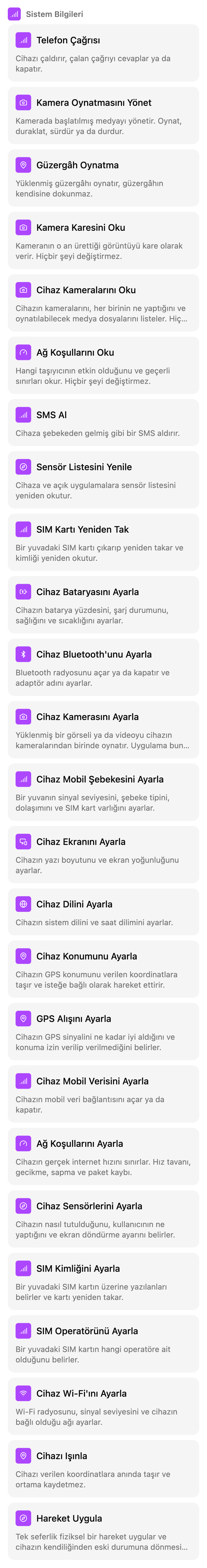 TestSafe senaryo ekranındaki Manuel kutular listesi, grup: Cihaz koşulları