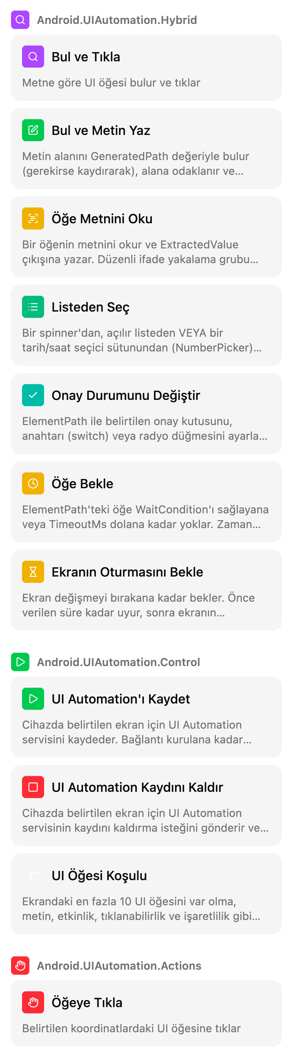 TestSafe senaryo ekranındaki Manuel kutular listesi, grup: Arayüz otomasyonu