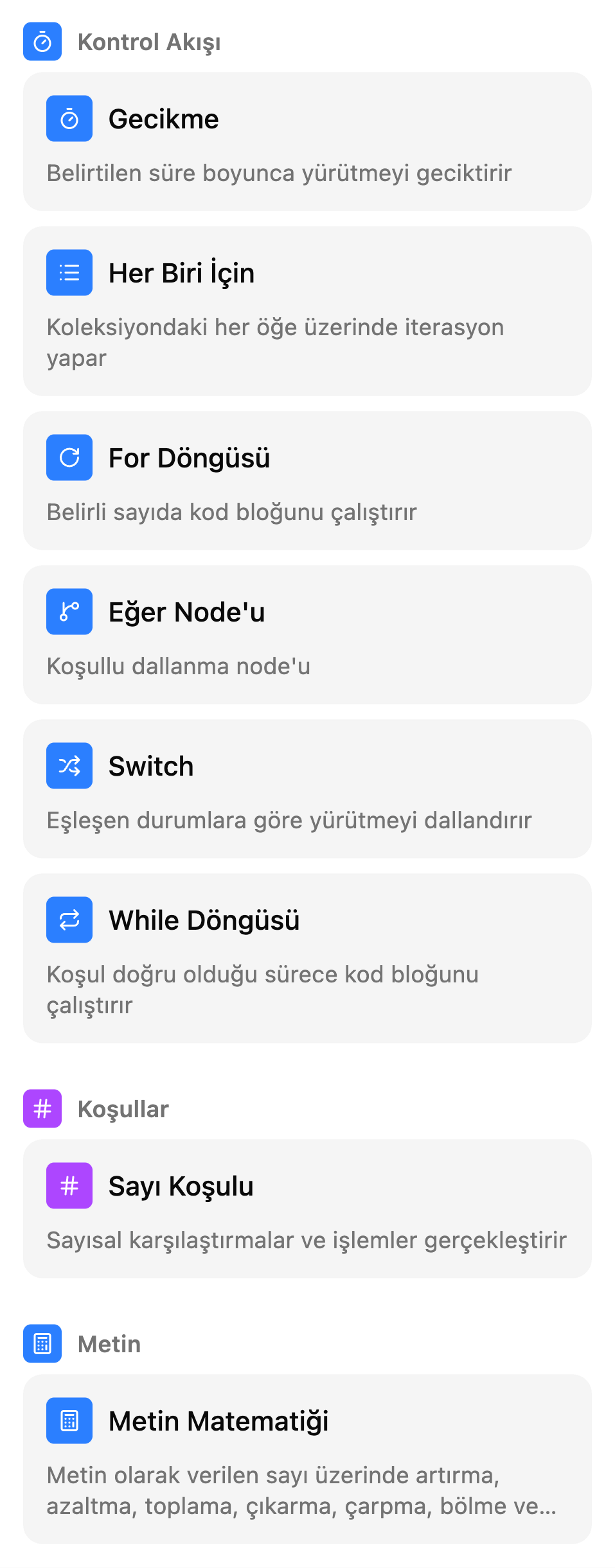 TestSafe senaryo ekranındaki Manuel kutular listesi, grup: Kontrol akışı
