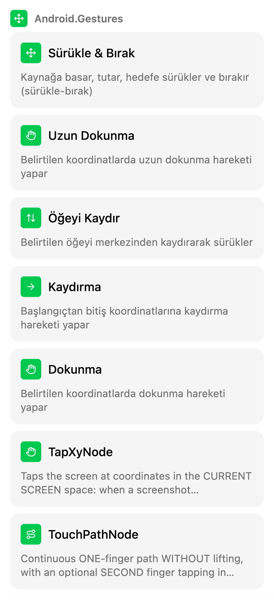 TestSafe senaryo ekranındaki Manuel kutular listesi, grup: Hareketler