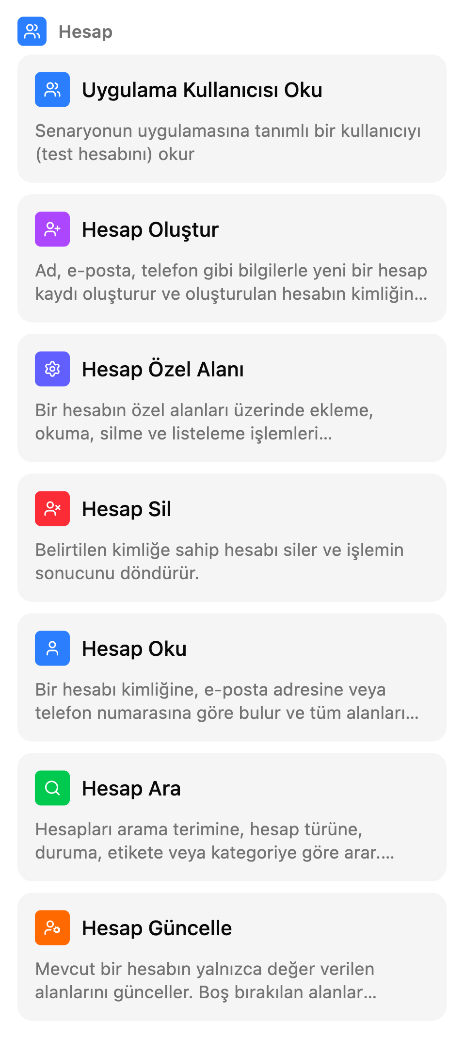 TestSafe senaryo ekranındaki Manuel kutular listesi, grup: Test hesapları