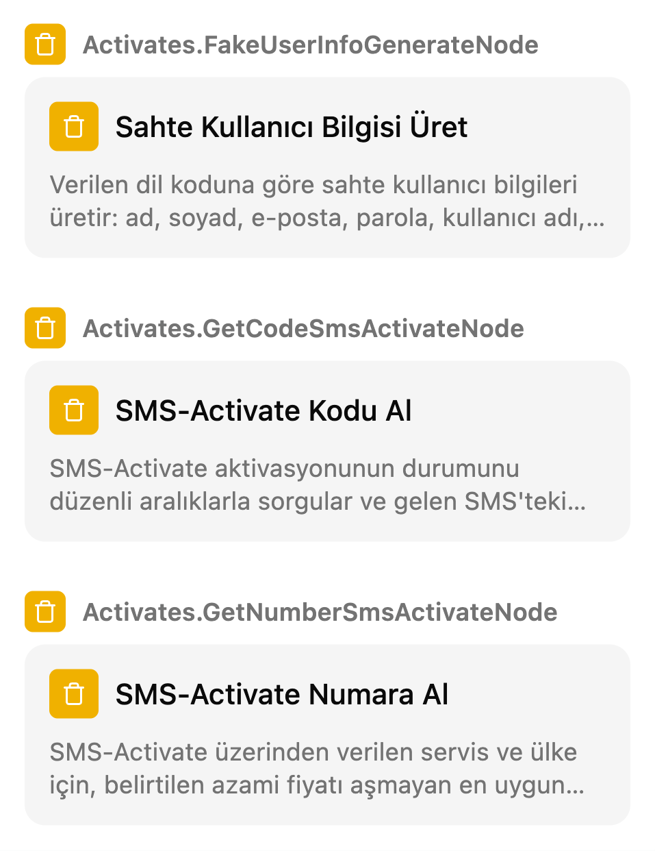 TestSafe senaryo ekranındaki Manuel kutular listesi, grup: Test kullanıcısı ve SMS kodu